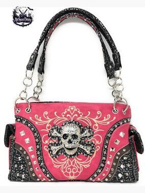 Metal Skull Embroidered Shoulder Bag Purse Wallet Set Satchel